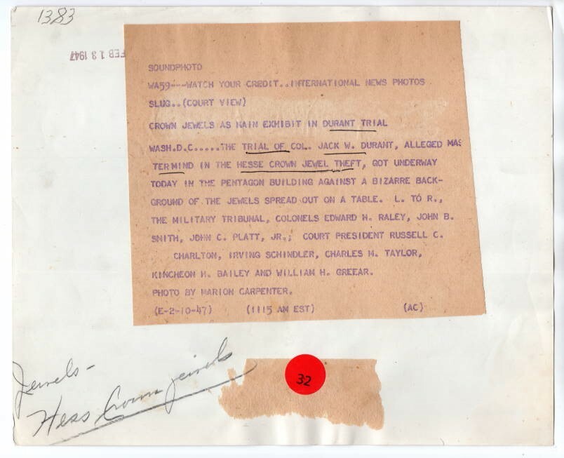 1947 Court Martial Trial Colonel Durant Hesse Crown Jewel Theft 8x10