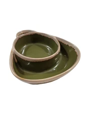 Green Drip Glaze Pottery Soup and Crackers Bowl w/Handle
