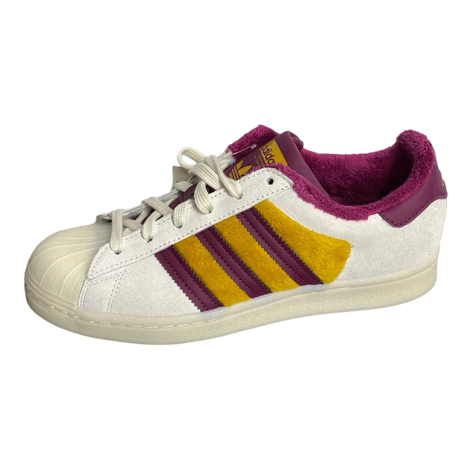 Pelliccia sintetica Adidas Originals Superstar da donna taglia 6 5 scamosciata bianca Power Berry oro
