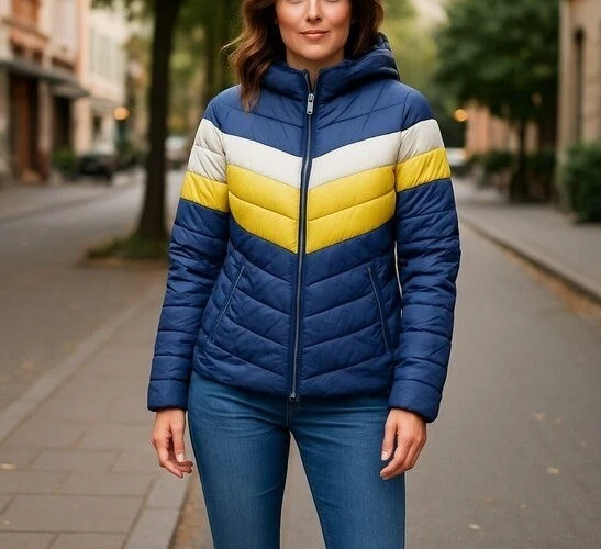 NWT HFX Striped Packable Light Weight Packable Jacket XS Blue Yellow