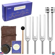 Tuning Fork Set 128Hz 432Hz 512Hz 528Hz with Mallet & Pouch for Yoga &