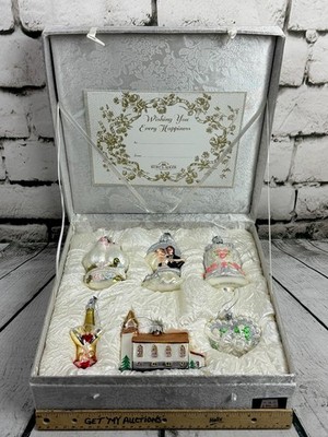 Kurt Adler First Christmas 6 pc Hand-Blown Glass Wedding Ornament Gift Set NEW