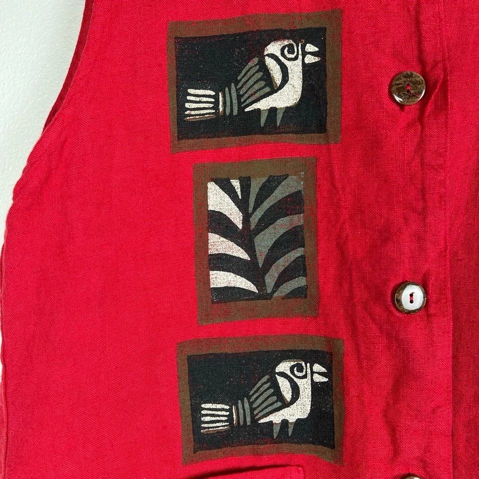 Chaleco Vintage Ad Libz Mujer Rojo Pintado Lagenlook Botón Usable Arte Lino Boho Foto 2 de 4