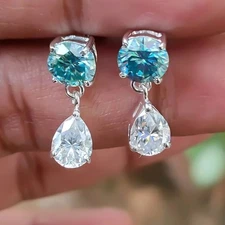 6.50 Ct Blue & White Diamond Dangle Earrings In 14k White Gold – Summer Sale