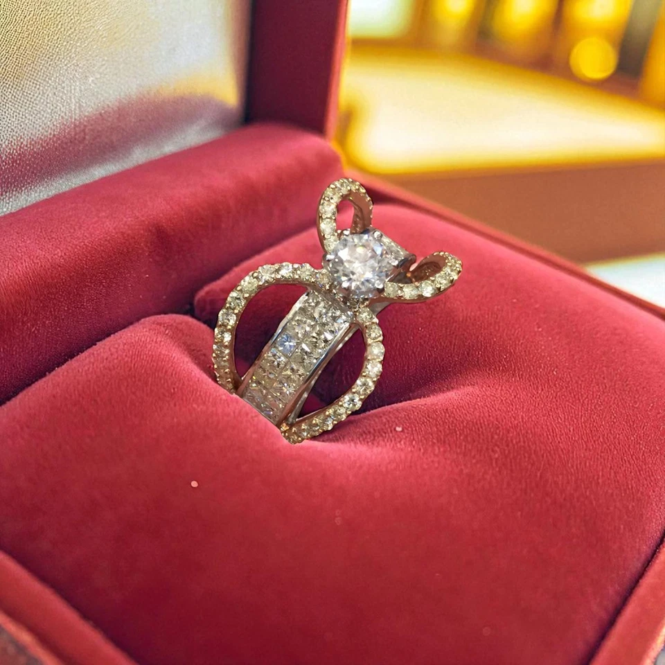 Pave 2,80 Cts Runde Prinzessinnenform Diamanten Jahrestag Solitär Ring 14K Gold - Bild 1 von 4