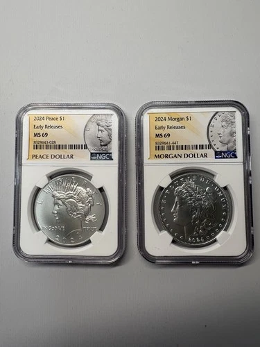 PAIR of 2024 Morgan & Peace Silver Dollars - NGC MS 69 - Early Release Label