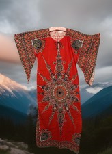Vintage Mustaqeen Dashiki Dress Orange Pakistan Caftan 70s Boho Maxi Cotton M/L