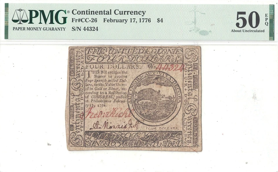 17 February, 1776 Four Dollars Continental Currency Fr CC-26 PMG AU-50 EPQ - Image 2 of 3