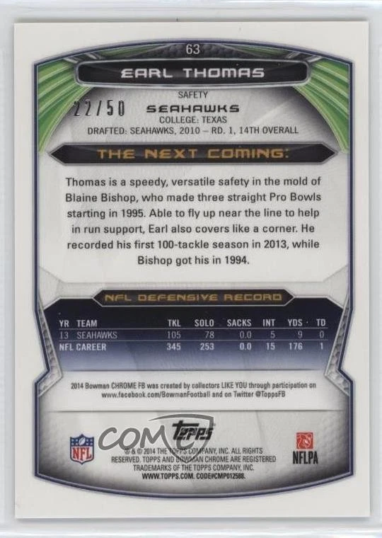 2014 Bowman Chrome Gold Refractor /50 Earl Thomas III Earl Thomas #63 - Image 2 of 2