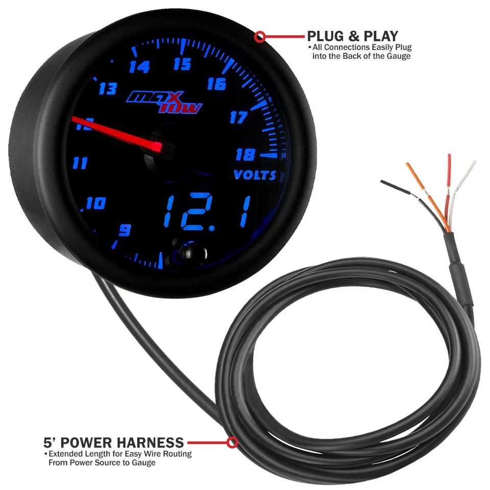 52mm Black & Blue LED MaxTow Gauges Double Vision Volt Voltage Gauge Meter - Image 3 of 4