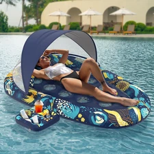 3-In-1 Pool Floats with Canopy and Cup Holder, Inflatable Pool Floats for Adults
