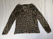 Banana Republic Blouse Top Womens Small Brown Black Cheetah Print V-Neck Stretch