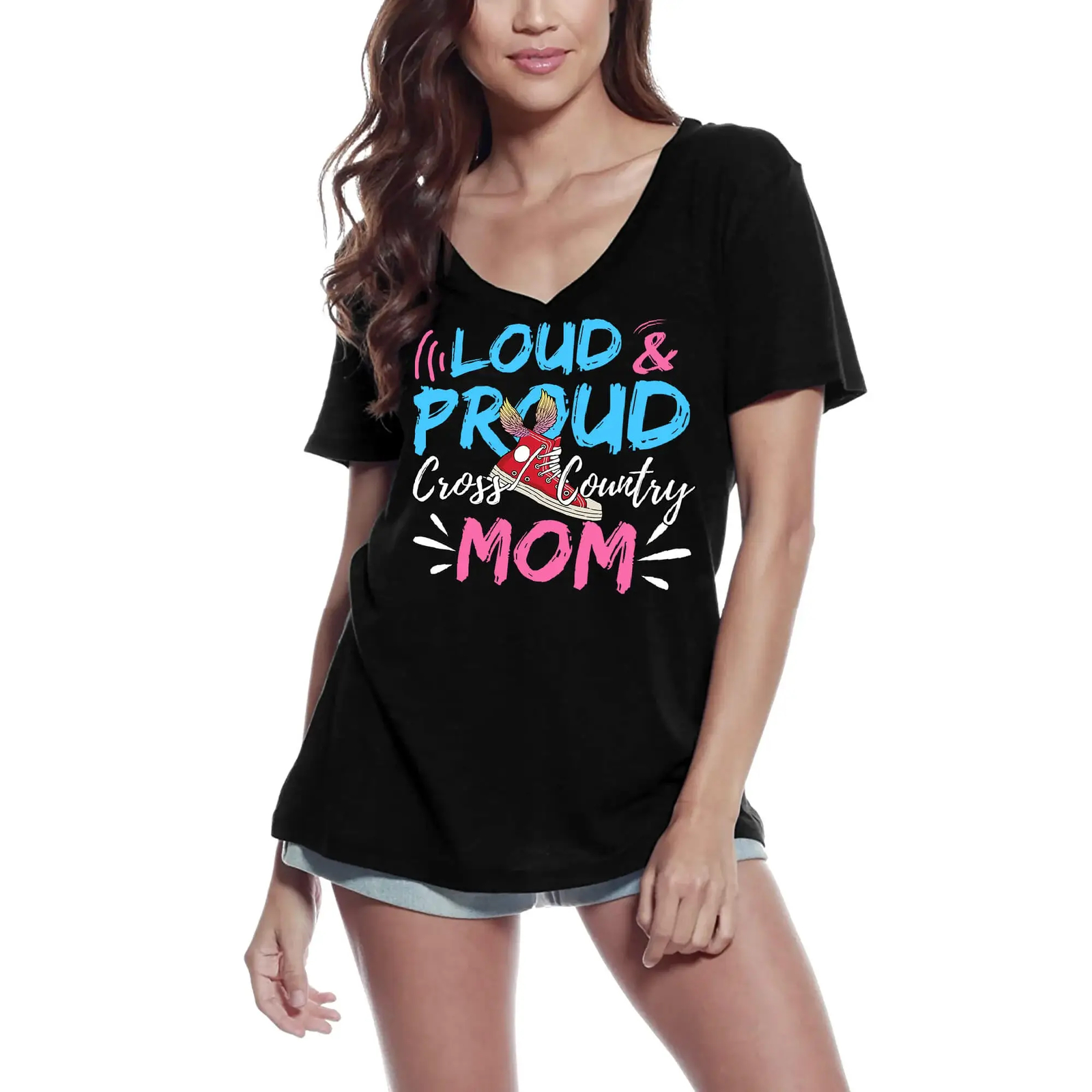 Camiseta de Cuello V para Mujer Mamá Orgullosa De Correr A Campo Traviesa – Loud