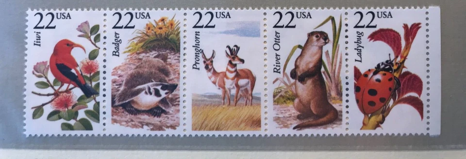 USA 1987 5er-Streifen Liwi Dachs Gabelbock Fischotter Marienkäfer postfrisch - Bild 1 von 1
