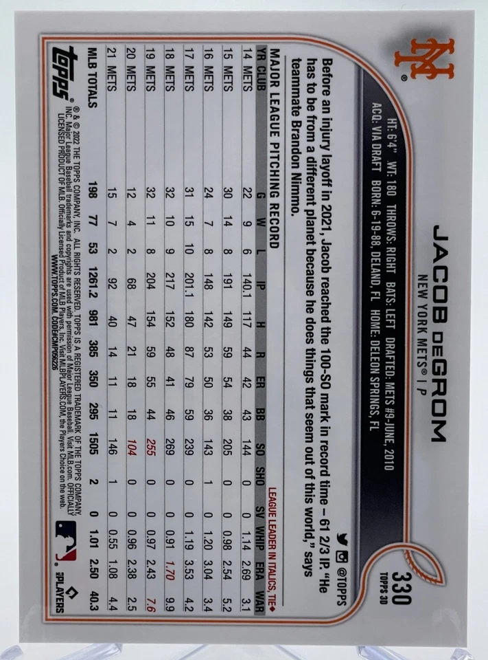 Jacob deGrom 2022 Topps On Demand 3D #330 METS HOT - Image 2 of 2
