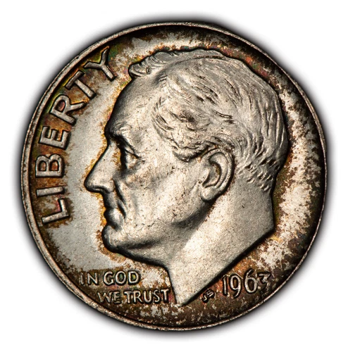 1963 10c Roosevelt Silver Dime - Neon Accent Toning - BU - SKU-Y5386