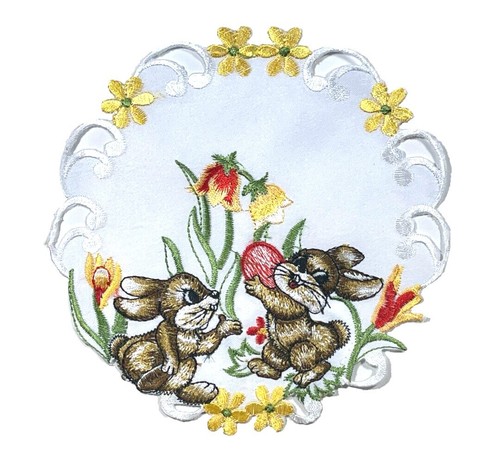 Gelbe Tulpen, Osterhasen, weiße Osterdecke, Tischläufer Tischdecke Mitteldecke - Bild 16 von 17