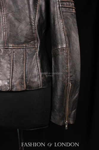 Ladies JENNER Biker Fitted Jacket Black Washed Vintage Look Soft Leather Jacket - Picture 13 of 13