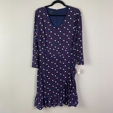 Talbots Heart Print A-Line Jersey Sheath Dress Long Sleeve Navy Blue Size 14