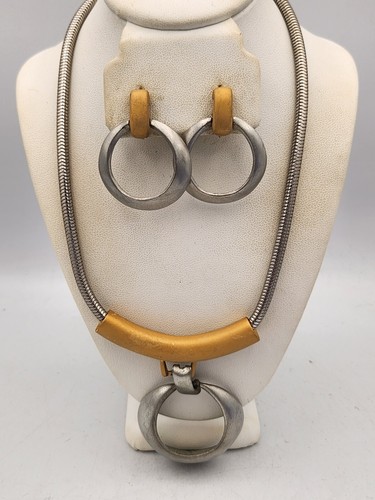 Vintage Hobe Silver & Gold Tone Modernist Pendant Necklace Earrings Set Rare
