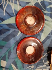 pair orange glass candle holders 12cm diameter