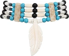 USED Choker Necklace Buffalo Bone 4 Row Hairpipe Feather Native American Style