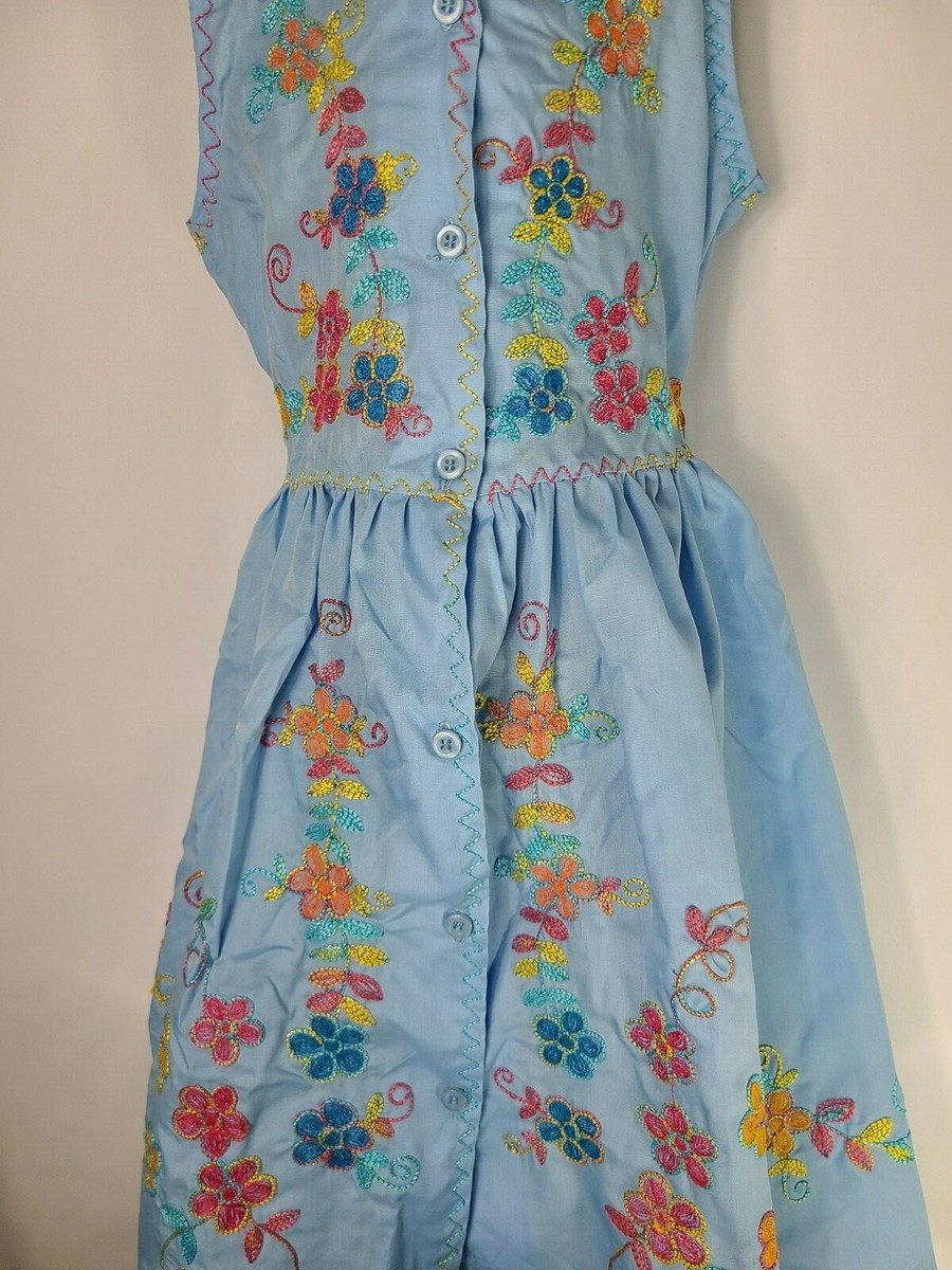 Robe Artisanale Fille Brodée, Nicaragua, Coton Et Dacron, Bleue, Taille 3, Neuve Sans étiquette