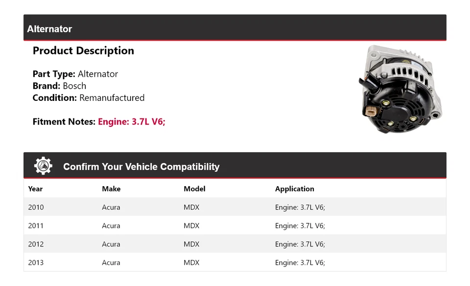 Alternador Bosch Acura MDX 3,7 L V6 2010-2013 (Remanufacturado) 2011 2012 Foto 2 de 4