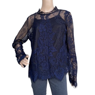 Adiva Women's Navy Layered Sheer Lace Scalloped Fringed Long Sleeve Top Size L
