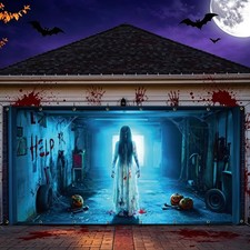 Halloween Garage Door Cover 7x16 FT, Spooky Ghost for 2 Car Garage Halloween Gar