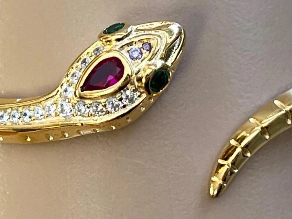 14k Yellow Gold Plated 3.60Ct Pear Lab-Created Red Ruby Snake Cuff Bracelet - Image 2 of 4