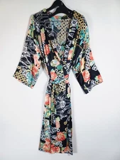 Natori Kimono Robe & Gown Asian Floral XL Belted Satin Pockets Black Geometric