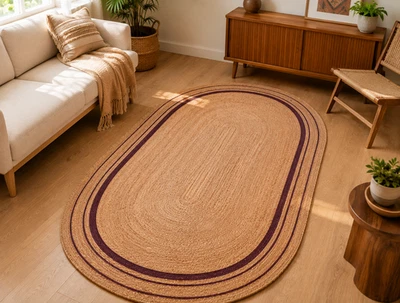 Tapis ovale 100 % jute naturel tapis d'entrée tressé écologique tapis de... - Photo 1/4