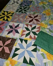 Lot Of 14 VTG Star Shaped Quilt Blocks 12"(one Is 11") & Extra Fabric 1.75 Yards