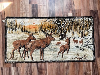 Vintage 1970 Wildlife Mountains Snow Deer Tapestry Rug 19 X 36  Made In Lebanon