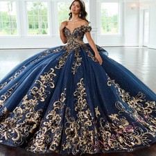 Navy Blue Luxury Gold Appliques Quinceanera Dress Off Shoulder Sequin Beads Tull
