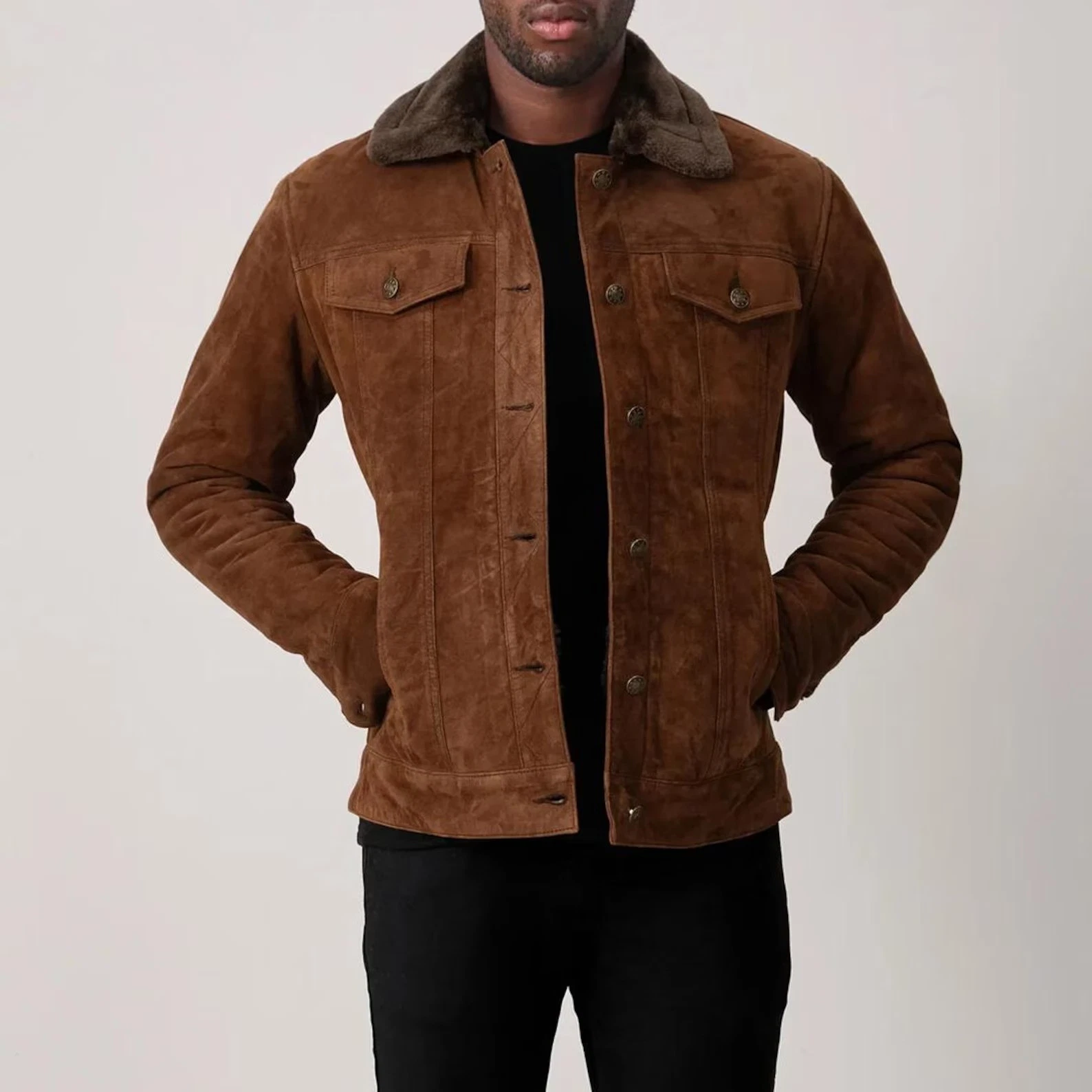Men's Brown Suede Trucker Jacket Real Leather Sherpa Collar Winter Warm Coat