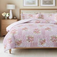 Cotton Comforter Set - King Size and 2 Shams, Pink Floral Patchwork Bedding S...