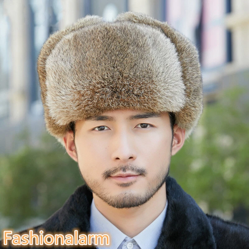 Sombrero de piel de conejo real para hombre sombrero de trampero ruso Ushanka cálido cazador sombrero de aviador Foto 2 de 4