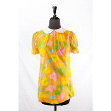 Flower Child Girl's Dress White Peter Pan Collar Large Floral Vintage 1960  s L