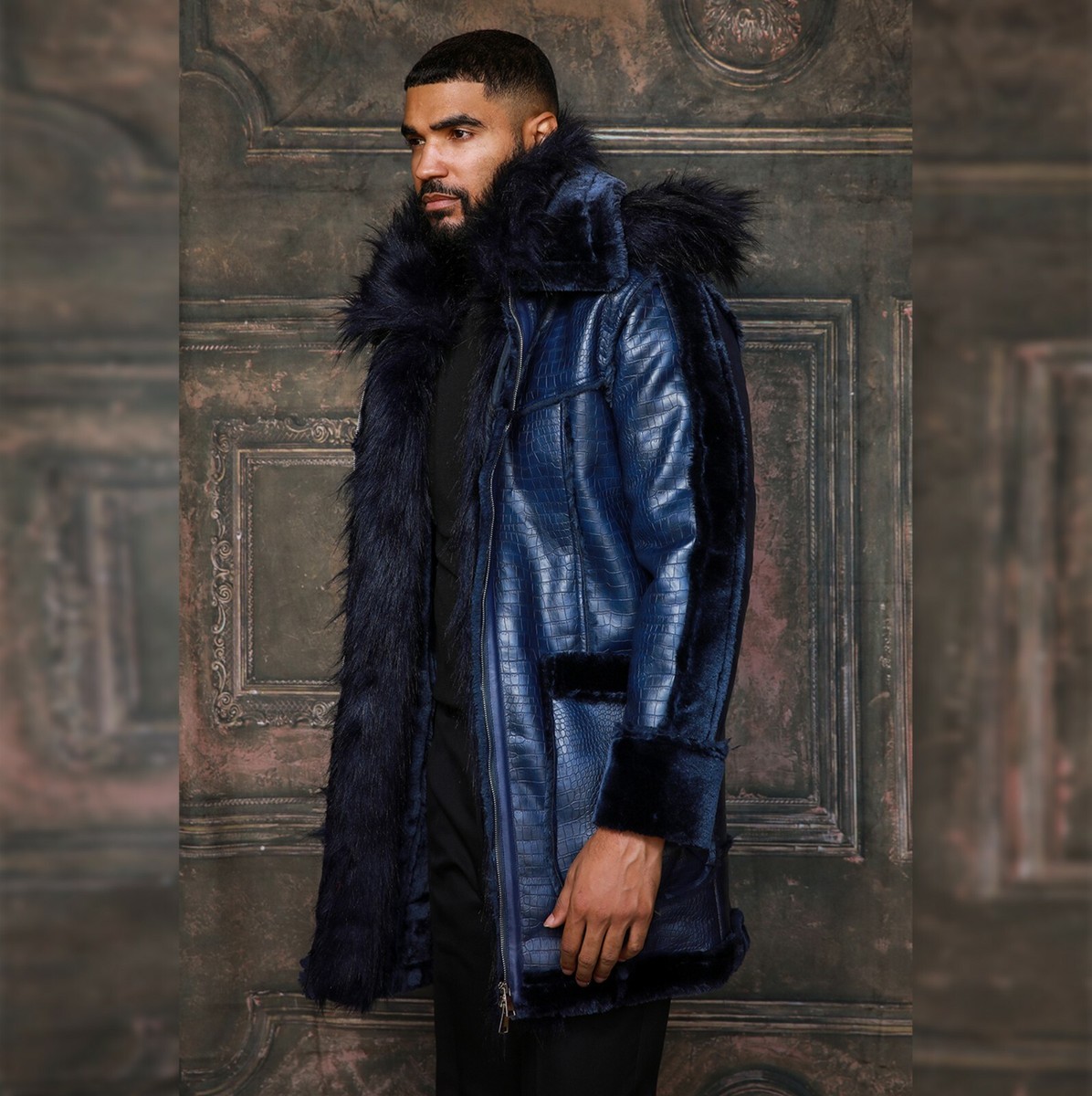 Men's Navy Crocodile Print Hooded Vegan Leather & Faux Fur Jacket