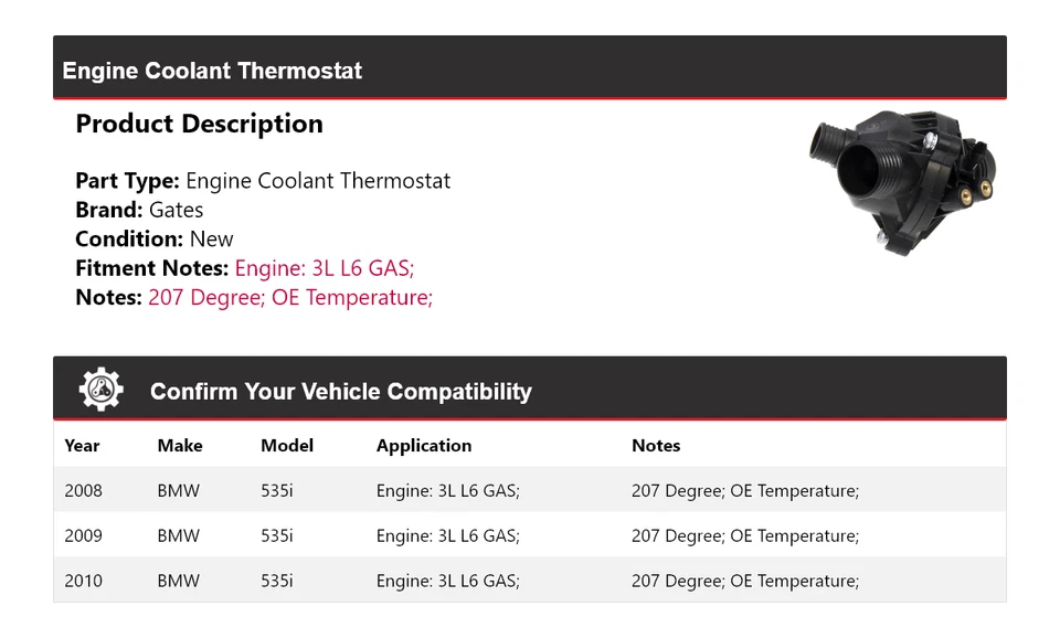 Para BMW 535i 2008-2010 3L L6 motor gas refrigerante termostato puertas 2009 Foto 2 de 4