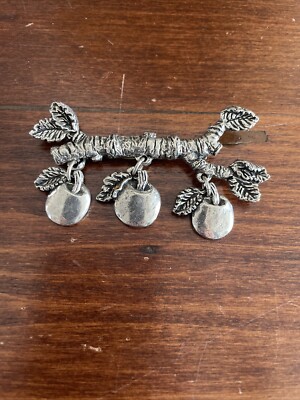 Apples on Vine Pin Brooch Signed Fine Pewter  Sheridan Articulated Teacher