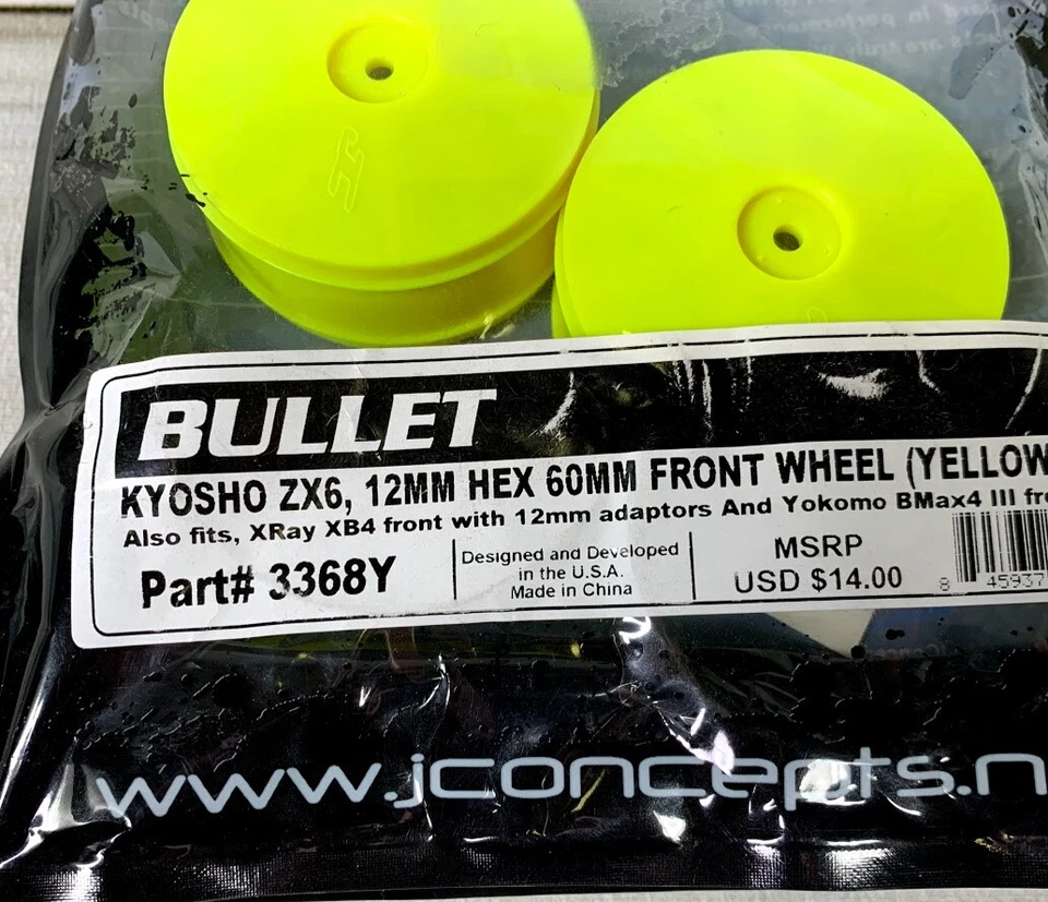 JConcepts 3368Y 1/10th Bullet 60mm Front Wheels Yellow Kyosho ZX6 XRay Yokomo H7 - Image 3 of 4