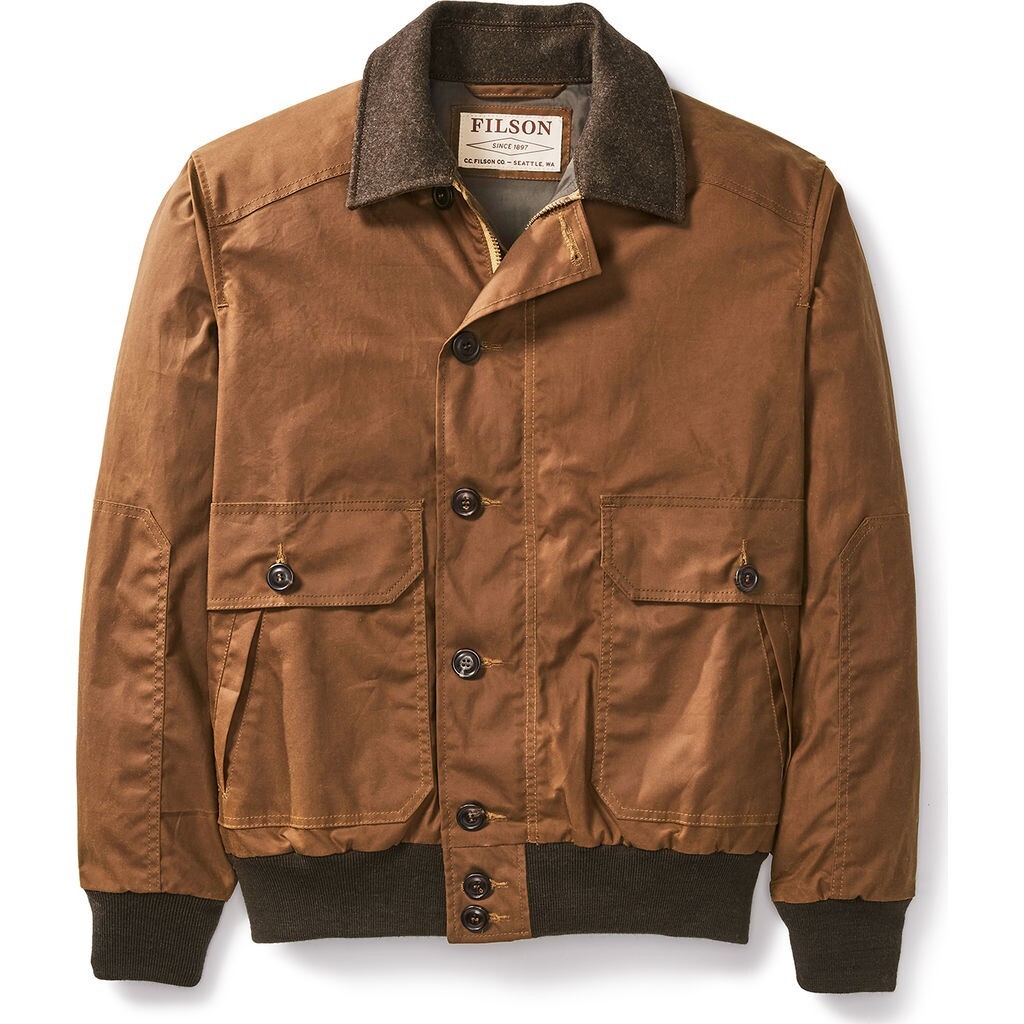 Filson Mens XS Lightweight Ranger Bomber Jacket Brown Tobacco Oilskin Wool  Trim