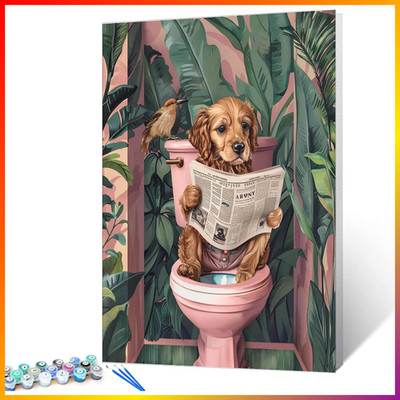 Paint by Numbers Hund auf Toilette 40x50cm DIY Ölgemälde für Erwachsene mit