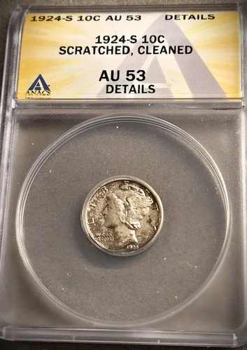 1924-S MERCURY 10 CENTS** ANACS AU-53 DETAILS ** (7429)