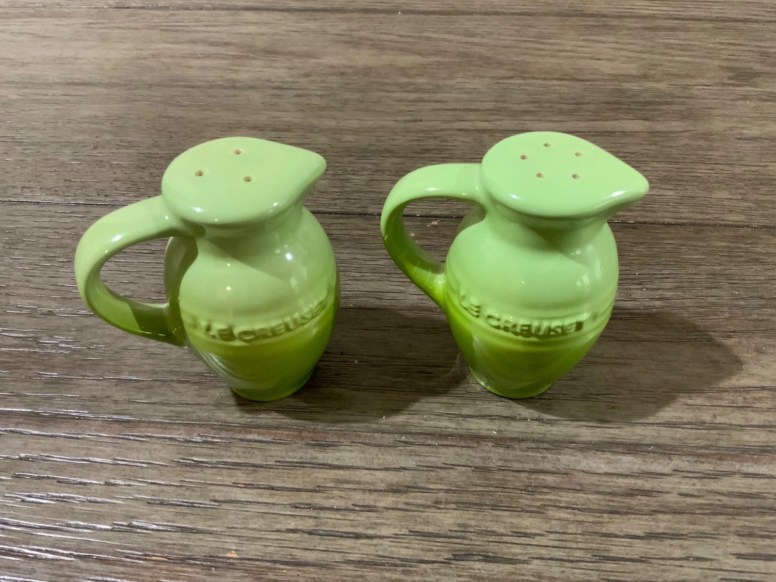 Le Creuset Green Salt and Pepper Shakers Jug Pitcher Style 3 Inches