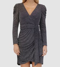 Eliza J Women's Silver Ruched Metallic Lined V-Neck Sash-Front Dress Size 6
