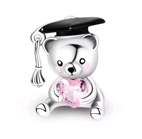 Silver Graduation Teddy With Rose Pink Heart S925 for Charm Bracelet - Picture 1 of 1